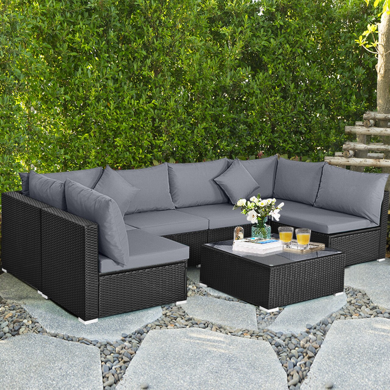 7-Pieces Modern Patio Wicker Conversation Set with Cushions Design and Adjustable for Garden-Poolside